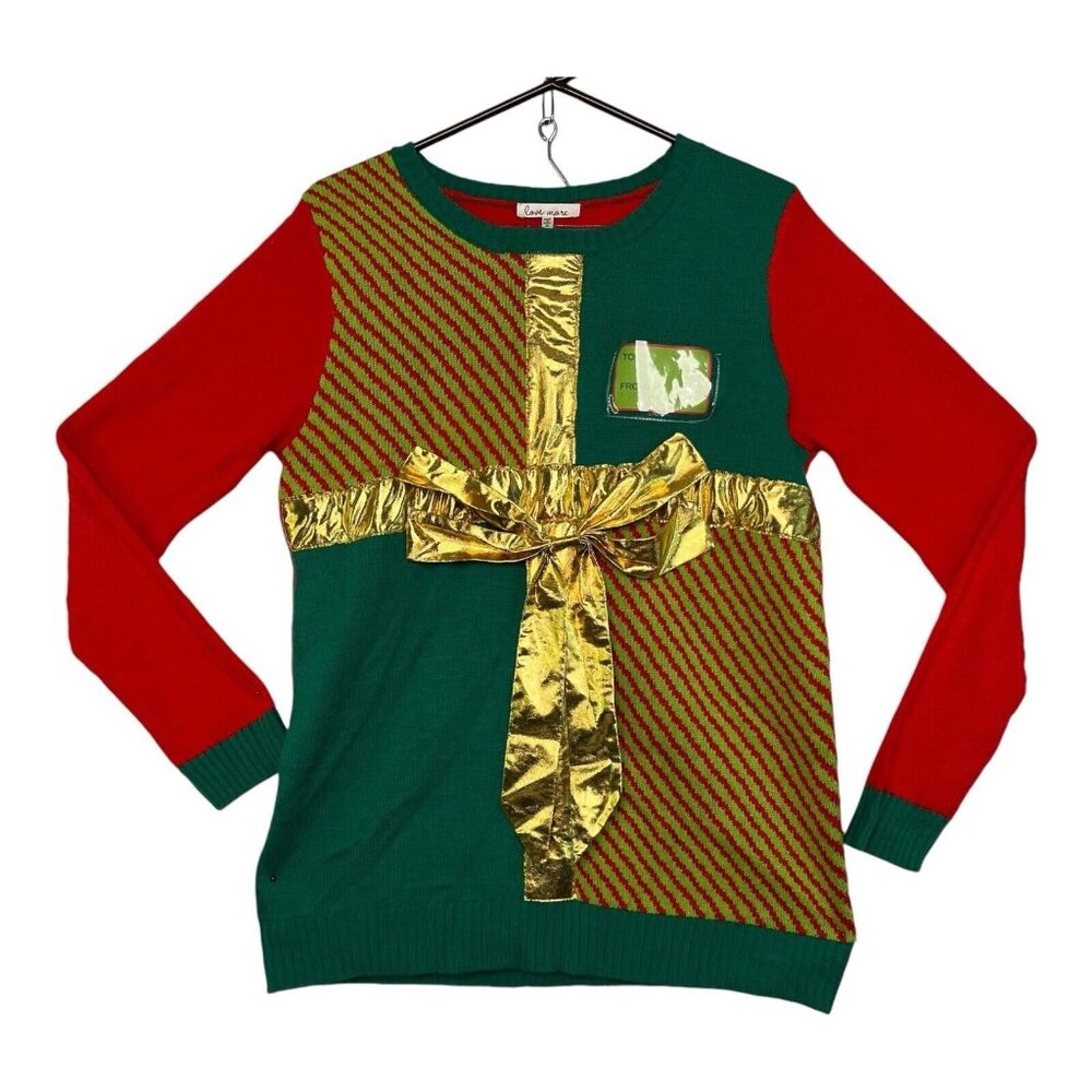 Ugly Christmas Sweater Women Size  XL Love More  Red & Green With Gold Ribbon